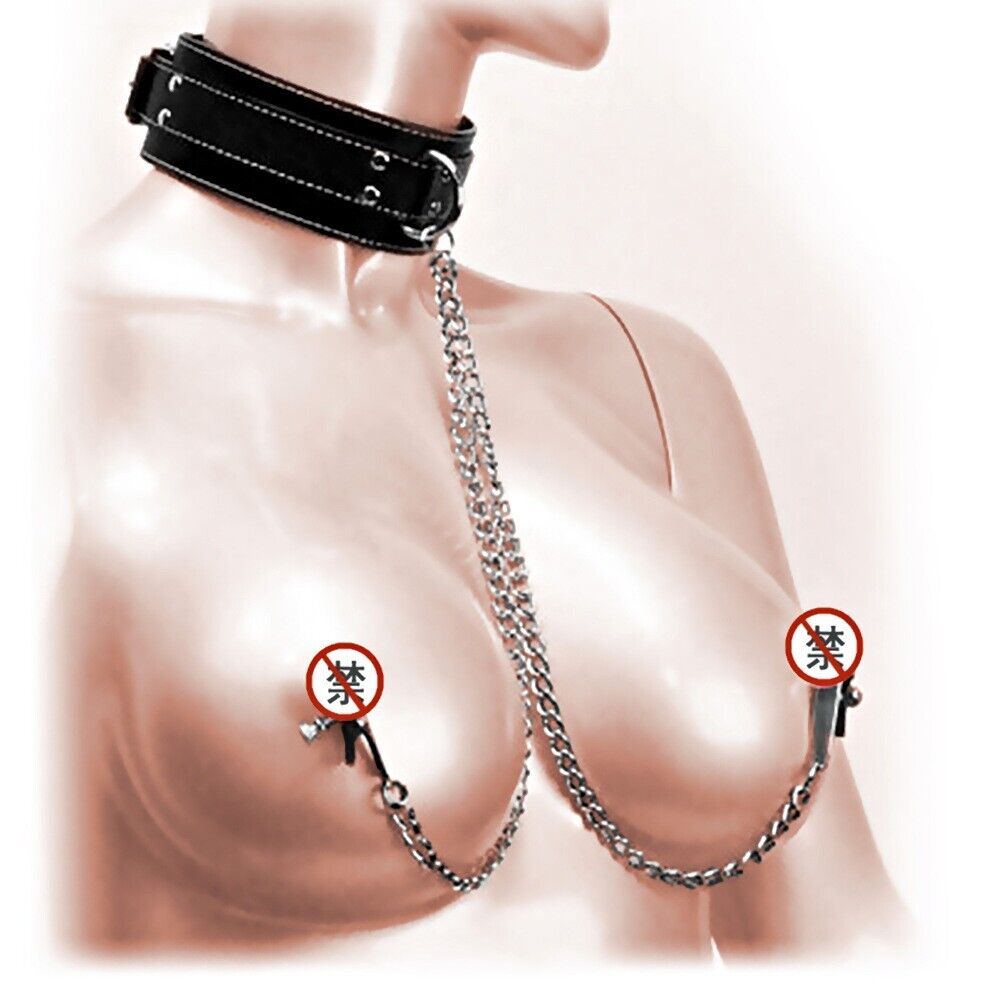 Leather Adjustable Nipple Clamp Collar -  Non Piercing Body Chain BDSM - Bondage