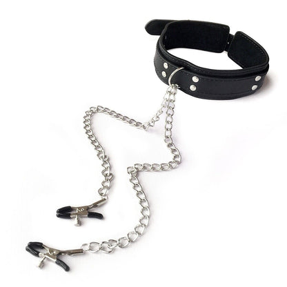 Leather Adjustable Nipple Clamp Collar -  Non Piercing Body Chain BDSM - Bondage