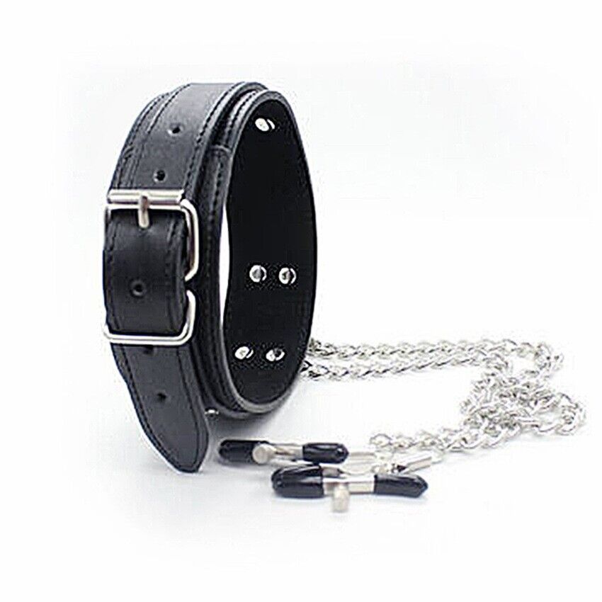 Leather Adjustable Nipple Clamp Collar -  Non Piercing Body Chain BDSM - Bondage