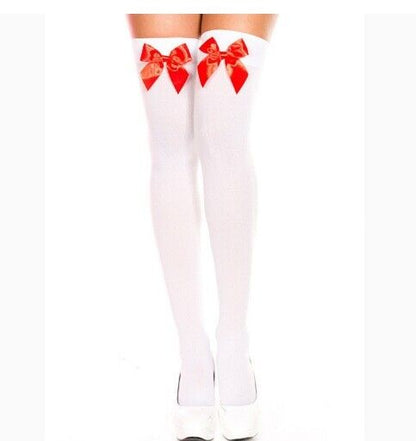 Nurse Lingerie Stockings in White with Red Bow - One Size Fits All