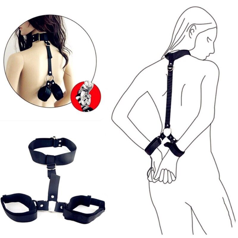 Bondage Restraint - Neck Collar to Wrist Handcuff Harness - Integrated Ball Gag