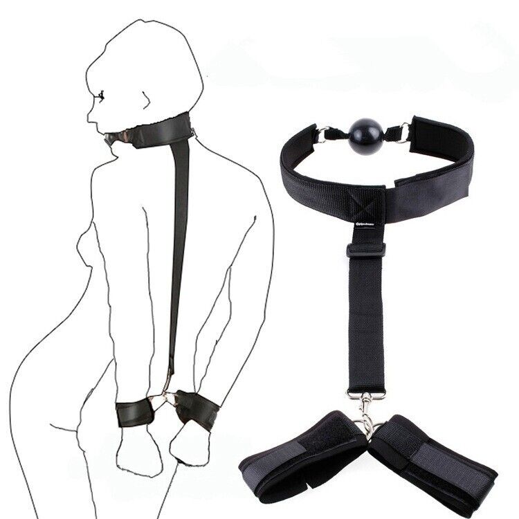 Bondage Restraint - Neck Collar to Wrist Handcuff Harness - Integrated Ball Gag