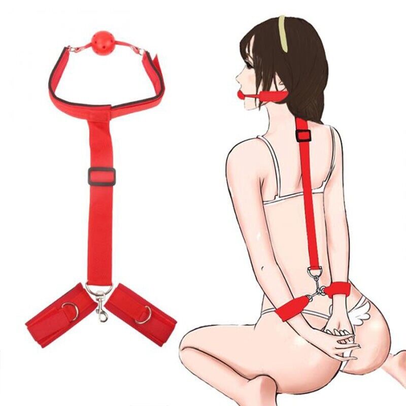 Bondage Restraint - Neck Collar to Wrist Handcuff Harness - Integrated Ball Gag