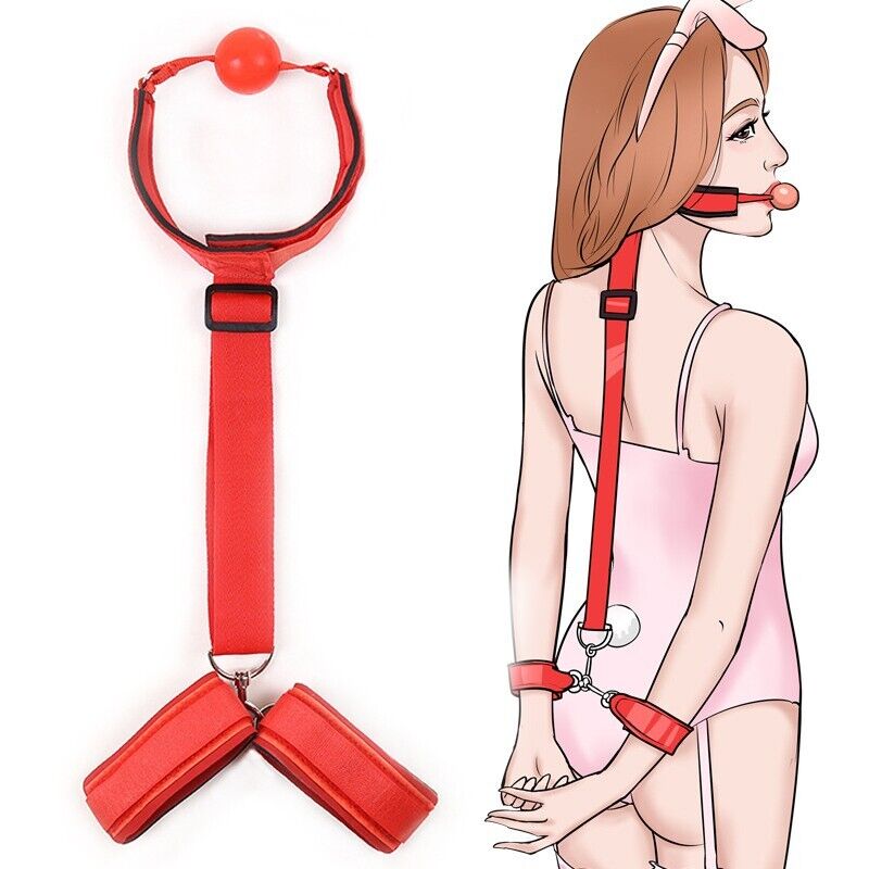 Bondage Restraint - Neck Collar to Wrist Handcuff Harness - Integrated Ball Gag