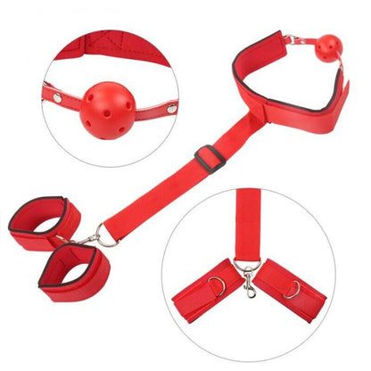 Bondage Restraint - Neck Collar to Wrist Handcuff Harness - Integrated Ball Gag