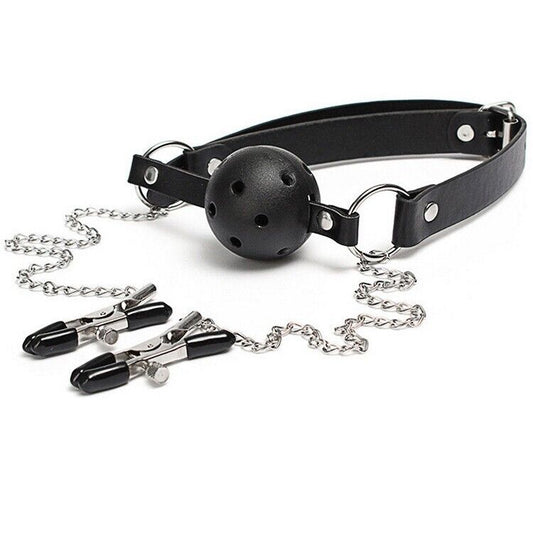 Bound Ecstasy - Ball Gag Bondage Collar with Adjustable Nipple Clamps and Chain