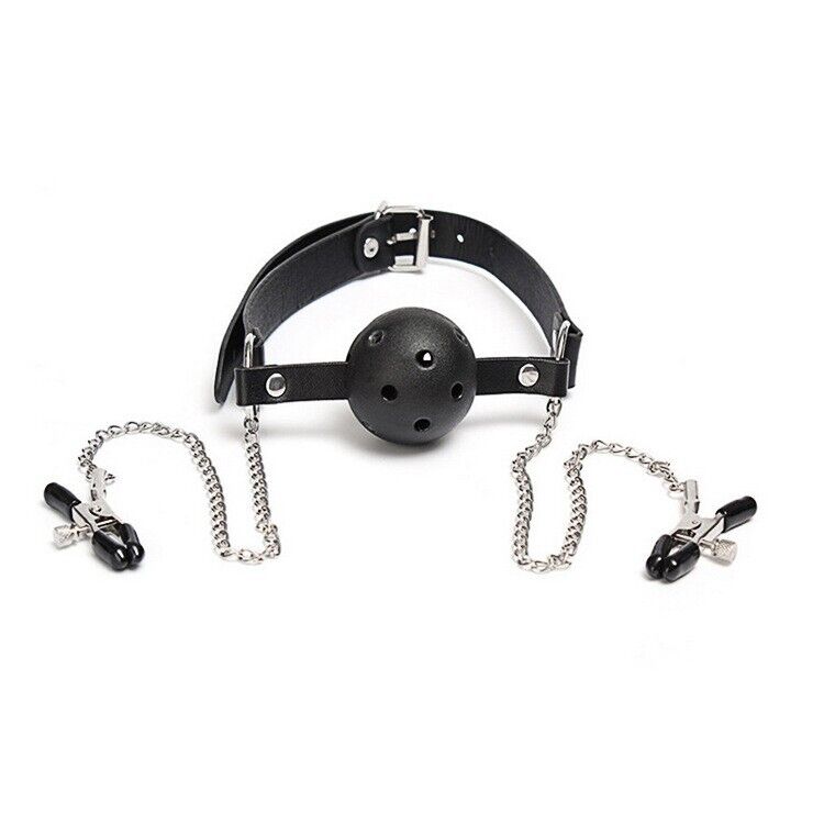 Bound Ecstasy - Ball Gag Bondage Collar with Adjustable Nipple Clamps and Chain