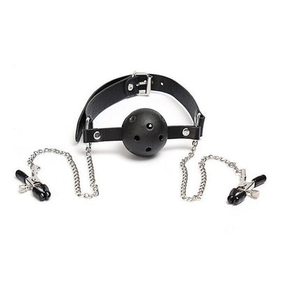 Bound Ecstasy - Ball Gag Bondage Collar with Adjustable Nipple Clamps and Chain